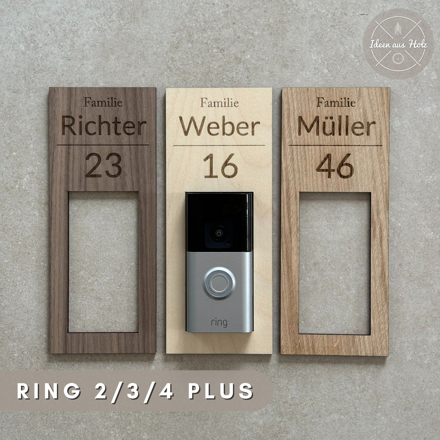 Klingelschild aus Holz für die Ring Doorbell 2 3 4 Plus & Pro