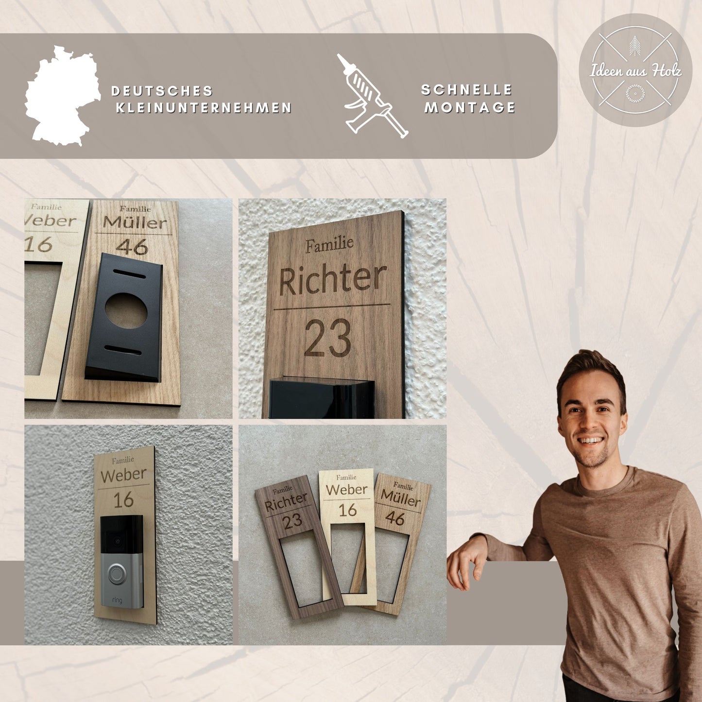 Klingelschild aus Holz für die Ring Doorbell 2 3 4 Plus & Pro